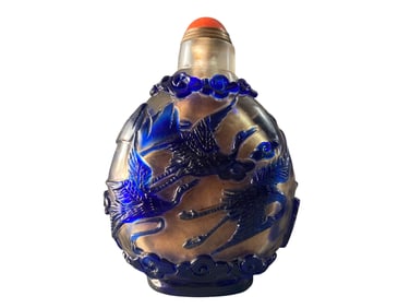Vintage Chinese Blue Peking Glass High Relief Crane Snuff Bottle
