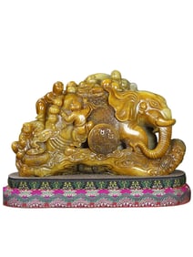 Superb Vintage Chinese Tianhuang Stone Carved Elephant & Kid Seal Statue