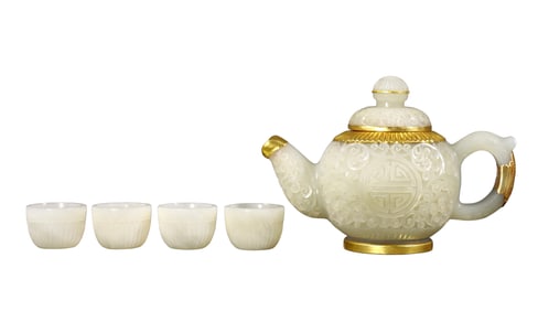 A Set Superb Chinese Hetian Jade Teapot w Cups