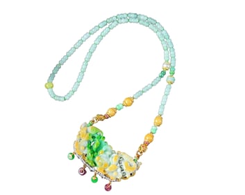 Exquisite Jadeite Carved Lotus Flower & Bird Pendant w Beads Necklace