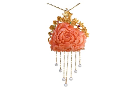 Exquisite 18K Gold Inlay Coral Peony Pendant