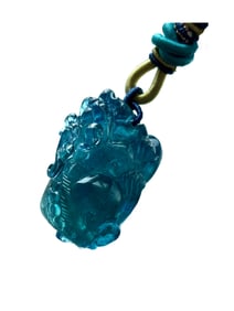 Beautiful Aquamarine Carved Fortune Pixiu Pendant w Hand Woven Necklace