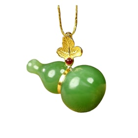 Superb Chinese 18K Gold Inlay Green Hetian Jade Gourd Pendant
