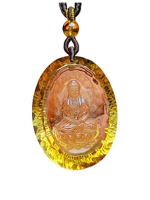 Beautiful Yellow Crystal Carved Siddhartha Buddha Pendant w Hand Woven Beads Necklace