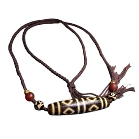 Old Tibetan Eight Eye DZI Agate Lucky Pendant w Hand Woven Necklace