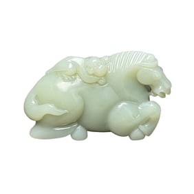 Superb Chinese Hetian Jade Carved Horse & Monkey Statue