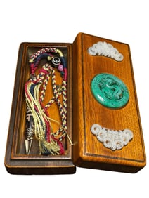 Old Tibetan Sky Eye DZI Agate Lucky Pendant w Hand Woven Necklace & Huali Wood Box