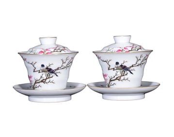 A Pair Chinese Gilt Edge Famille Rose Plum Flower & Magpie Design Porcelain Teabowl w Saucer