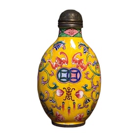 Vintage Chinese Bronze Enamel Bat & Peach Design Snuff Bottle