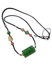Chinese Green Hetian Jade Bead Pendant w Hand Woven Bead Necklace