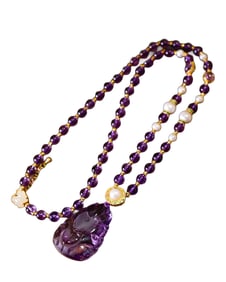 Beautiful Amethyst Carved Nine-tailed Fox Pendant w Hand Woven Beads Necklace