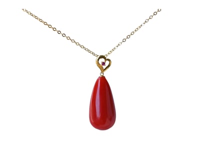 Exquisite Red Coral Water Droplet Pendant w 18K Gold Buckle