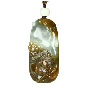 Superb Chinese Hetian Jade Carved Lotus Leaf & Lotus Flower Pendant