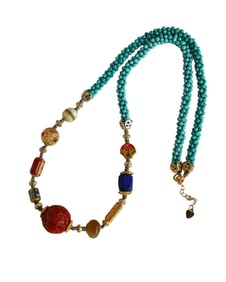 Chinese Nanhong Agate Bead Pendant w Turquoise & Lapis Lazuli & Beeswax Beads Necklace