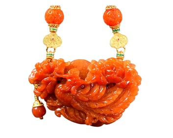 Exquisite Red Jadeite Carved Phoenix & Peony Pendant w Beads Necklace