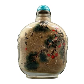 Old Chinese Peking Glass Inside Painting Pine Tree & Bird Design Snuff Bottle w Stopper