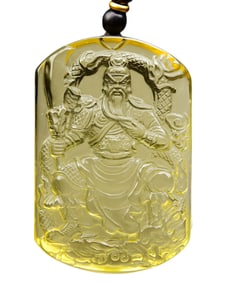 Beautiful Natural Yellow Crystal Carved General Guangong Pendant w Hand Woven Necklace