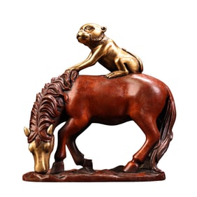 Vintage Chinese Gilt Gold Copper Monkey & Horse Statue