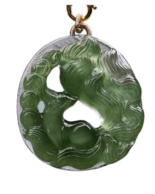 Beautiful Natural Green Crystal Carved Nine-tailed Fox Pendant w Hand Woven Beads Necklace