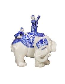 Chinese Qing Dynasty Blue And White Porcelain Elephant & Kid Porcelain Statue