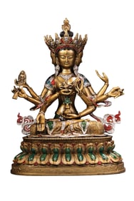 Tibetan Buddhism Colored Drawing Gilt Gold Copper Eight Arm Kwan-yin Statue
