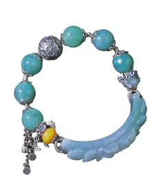Hand Woven Beautiful 925 Silver Inlay Jadeite Carved Flower Beads Bracelet