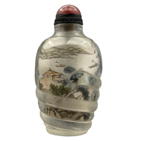 Old Chinese Peking Glass Inside Painting Mountain River Scene Design Snuff Bottle w Stopper