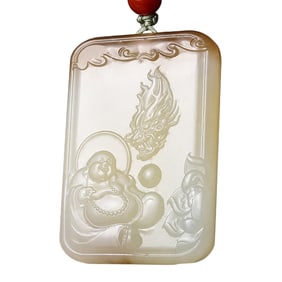 Superb Chinese Hetian Jade Low Relief Laughing Buddha Pendant w Certificate
