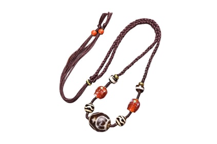 Old Tibetan DZI Agate Lucky Pendant w Hand Woven Necklace