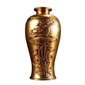 Vintage Chinese Gilt Gold Copper Inlay Gem Lotus Leaf & Lotus Flower Vase