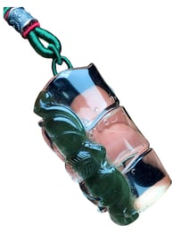 Beautiful Natural Green Crystal Carved Fortune Bamboo & Bat Pendant w Hand Woven Necklace