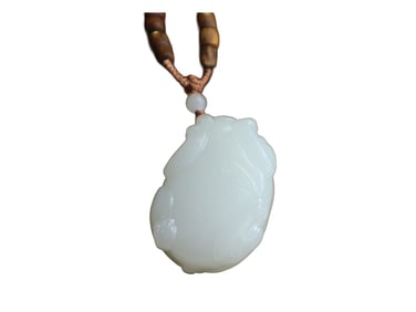 Superb Chinese Hetian Jade Carved Dragon Turtle Pendant w Hand Woven Wood Beads Necklace