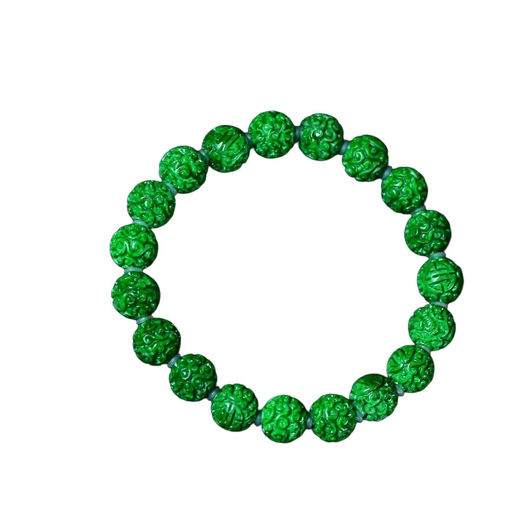 Hand Woven Exquisite Green Jadeite Carved Flowers Beads Bracelet