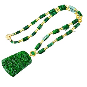High Quality Green Jadeite Carved Fortune Dragon Pendant w Hand Woven Jadeite Beads Necklace