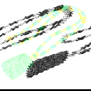 High Quality Green Jadeite Carved Fortune Dragon Pendant w Hand Woven Jadeite Beads Necklace: High Quality Green Jadeite Carved Fortune Dragon Pendant w Hand Woven Jadeite Beads NecklaceDimension: 55.6 x 40.2 x 14.2 (mm) 2.19 x 1.58 x 0.56 (inches)