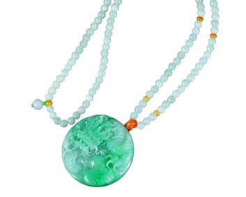 Exquisite Jadeite Carved Fortune Dragon Pendant w Hand Woven Jadeite & Beeswax Beads Necklace