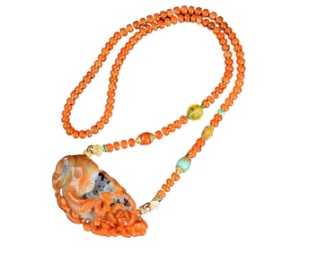 Exquisite Red Jadeite Carved Elephant Pendant w Hand Woven Beads Necklace