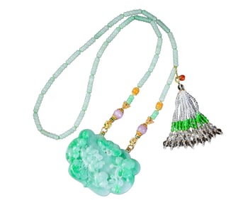 Exquisite Jadeite Carved Butterfly & Peony Pendant w Hand Woven Beads Necklace