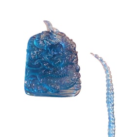 Beautiful Natural Aquamarine Carved Fortune Dragon Pendant w Hand Woven Beads Necklace