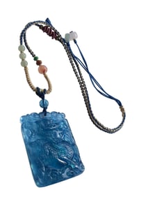 Beautiful Natural Aquamarine Carved Fortune Kylin Pendant w Hand Woven Necklace