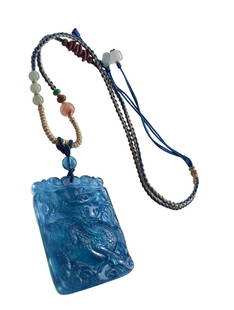 Beautiful Natural Aquamarine Carved Fortune Kylin Pendant w Hand Woven Necklace: Beautiful Natural Aquamarine Carved Fortune Kylin Pendant w Hand Woven Necklace Dimension: 49 x 40 x 8.5 (mm)1.93 x 1.57 x 0.33 (inches)Weight : 0.06 lbs/ 28.7 g