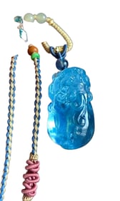 Beautiful Natural Aquamarine Carved Fortune Pixiu Pendant w Hand Woven Necklace