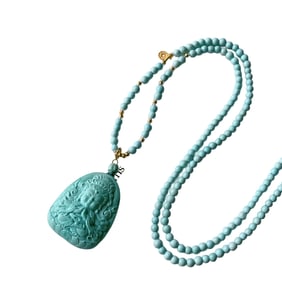 High Quality Natural Turquoise Carved Thousand-Hand Kwan-yin Pendant w Hand Woven Beads Necklace
