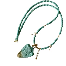 High Quality Natural Turquoise Carved Sea-maid Pendant w Hand Woven Beads Necklace