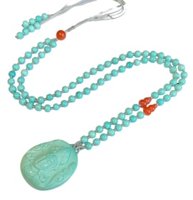 High Quality Natural Turquoise Carved Kwan-yin Pendant w Hand Woven Beads Necklace