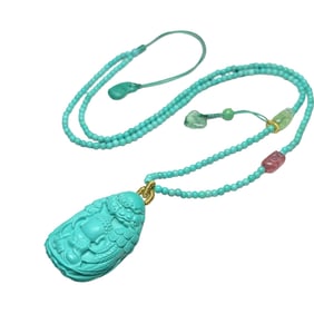High Quality Natural Turquoise Carved Buddha Pendant w Hand Woven Beads Necklace