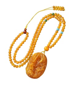 Beautiful Beeswax Carved Fortune Dragon Pendant w Hand Woven Beads Necklace