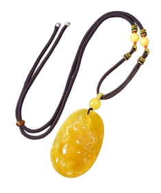 Beautiful Beeswax Carved Laughing Buddha Pendant w Hand Woven Necklace