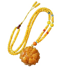 Beautiful Beeswax Carved Peony Pendant w Hand Woven Beads Necklace