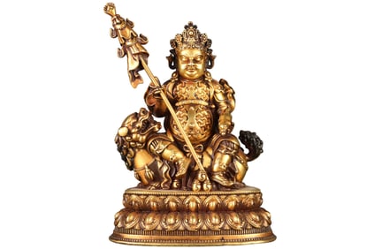 Superb Old Tibetan Gilt Gold Copper Yellow Jambhala Statue